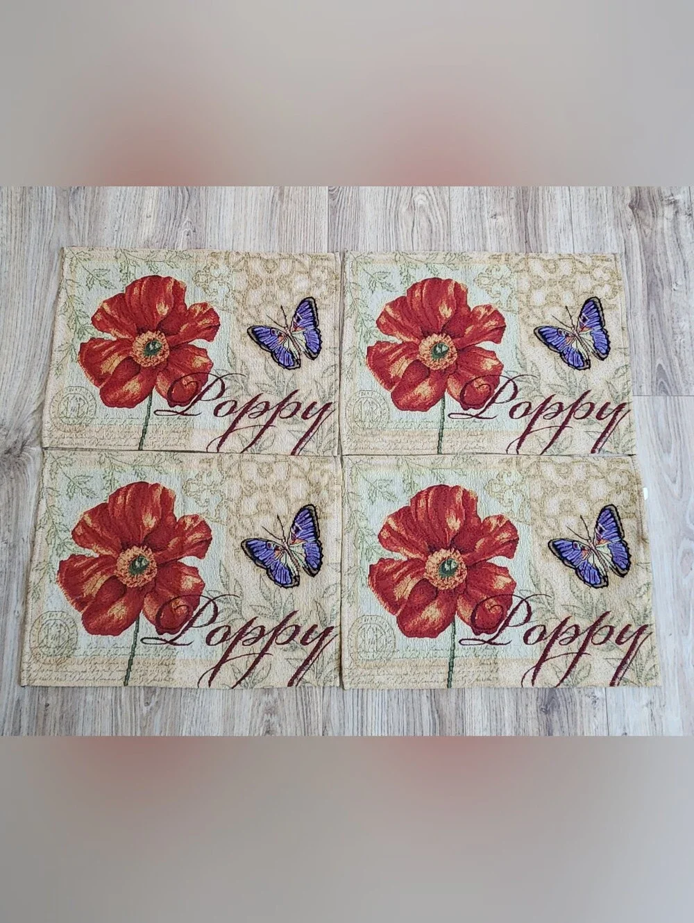 SET OF 4 TAPESTRY POPPY BUTTERFLY PLACEMATS